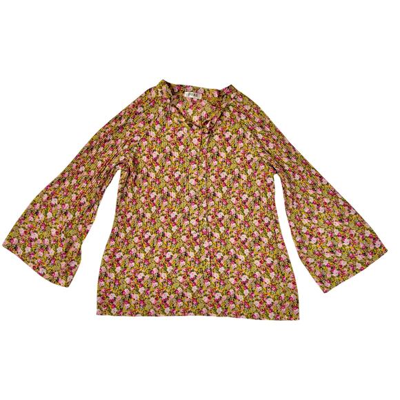 Prae Tops - Prae Floral Bell Sleeve Blouse Women's Yellow Pink Boho Cottagecore Prarie